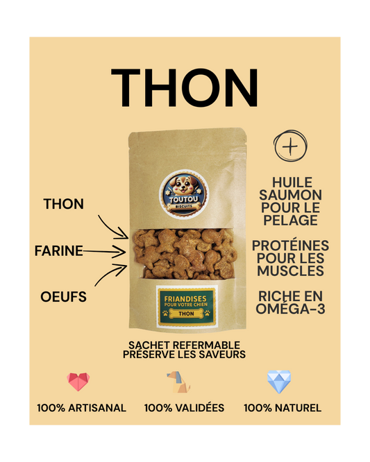 detail de la composition du thon et les plus de nos produits - toutou biscuits