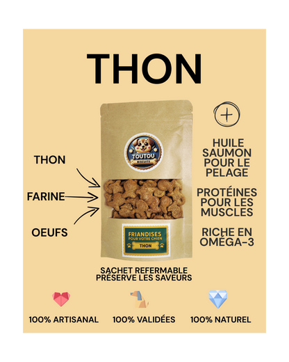detail de la composition du thon et les plus de nos produits - toutou biscuits